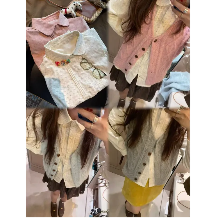 早秋甜美日式圆点衬衫+百搭复古慵懒毛衣马甲L1706+L1707