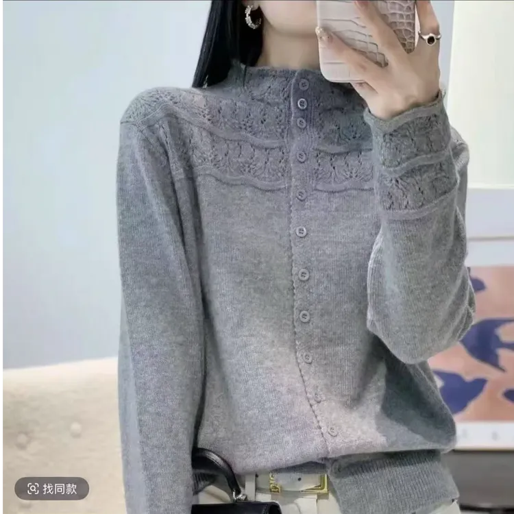 韩系半高领花边镂空针织衫女开衫秋冬季新款宽松减龄百搭毛衣外套