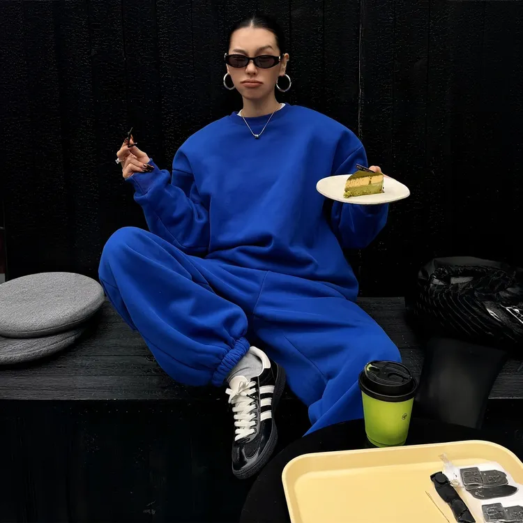 美式克莱因蓝运动套装女秋冬装时髦极简廓形加绒卫衣束脚裤两件套