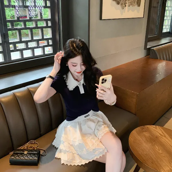 2025春夏新款韩系气质撞色拼接蕾丝花边短袖上衣蕾丝边蛋糕裙套装
