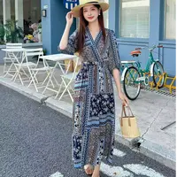 新款显瘦印花长裙蝙蝠袖连衣裙碎花宽松腰法式
