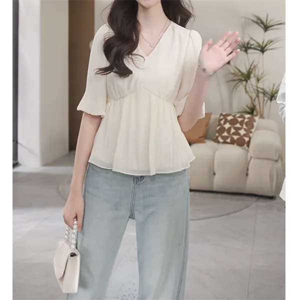 法式时尚设计感V领小衫女2025夏季新款温柔风百褶短袖超好看上衣