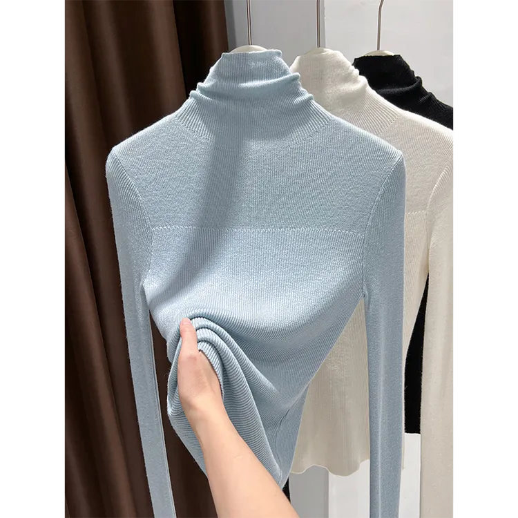 堆堆领高领保暖针织毛衣女2025新款紧身内搭蓝色显瘦气质长袖小衫