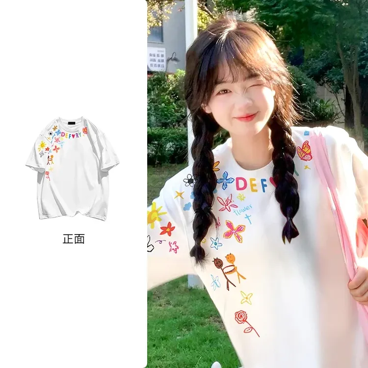 韩系甜美风纯棉T恤高级感cd夏季新款ins小众设计感圆领短袖上衣