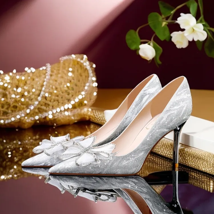 NAIBASAR/奈芭莎法式银色蝴蝶结高跟鞋仙女绝美新娘婚鞋水晶单鞋