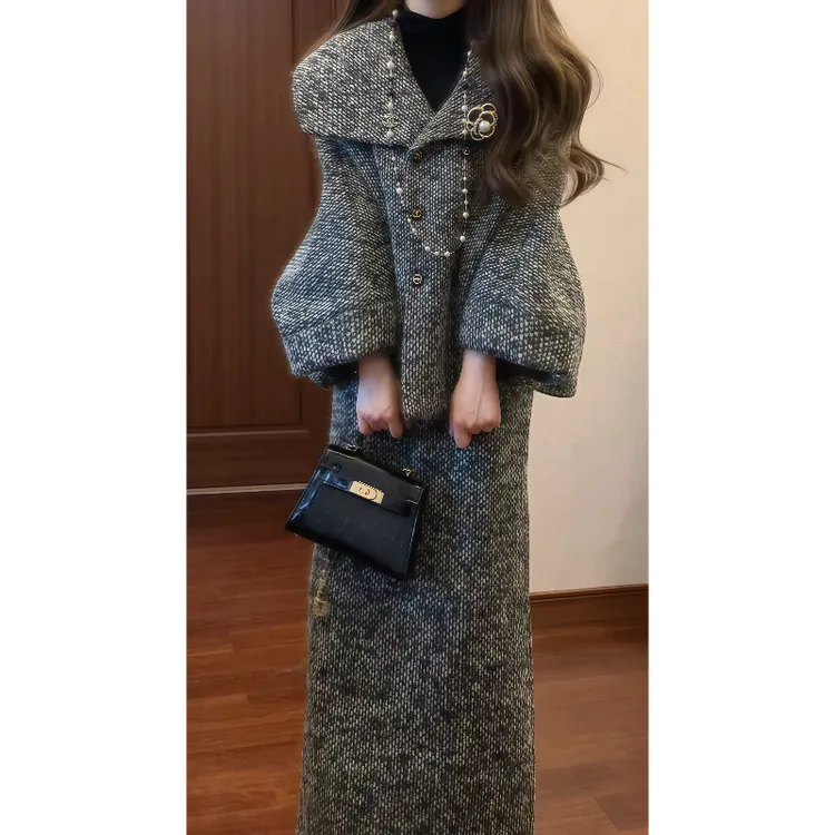 冬季小香风重工亮片编织粗花呢斗篷外套&毛呢半身裙两件套装9831