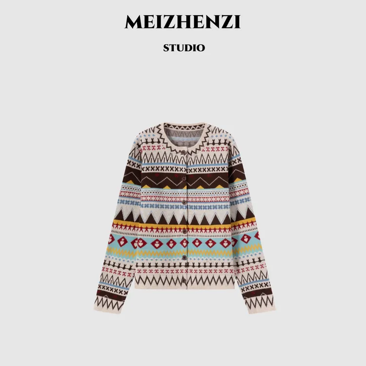 MEIZHENZI【超细绵羊毛】费尔岛复古民族风圆领针织开衫女毛衣外套