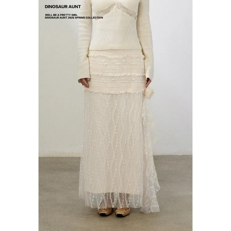 DINOSAUR AUNT恐龙阿姨 米色直筒裙半身纱裙
