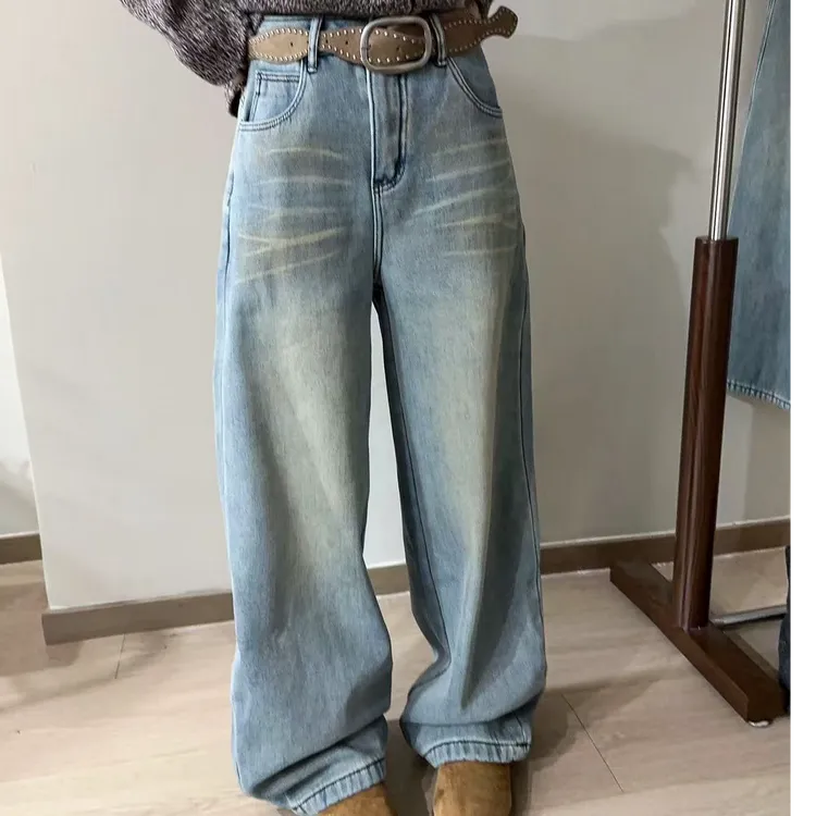 复古做旧加绒阔腿牛仔裤女欧洲站2025冬装新款欧货女装拖地裤子潮