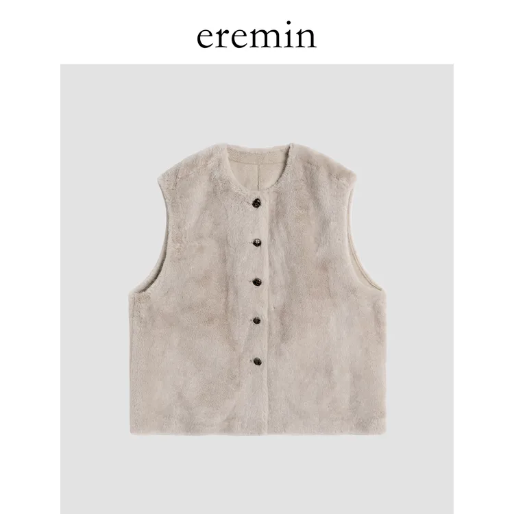 DE Mincollection奶咖马甲/环保皮草毛绒圆领简约叠穿坎肩59132