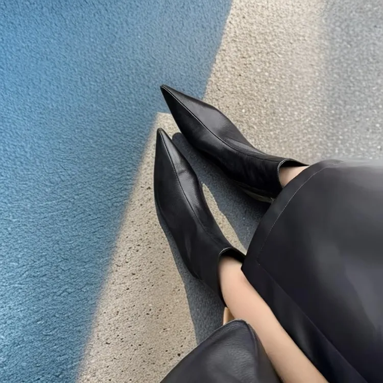 【小牛皮版】秋冬季气质极简风粗跟时尚瘦瘦靴经典百搭黑色女靴子