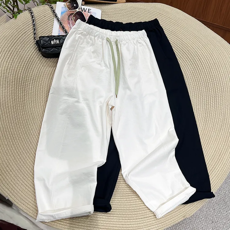 BIMEI大码休闲裤松紧腰户外宽松休闲木耳边裤子直筒裤00987哈伦裤