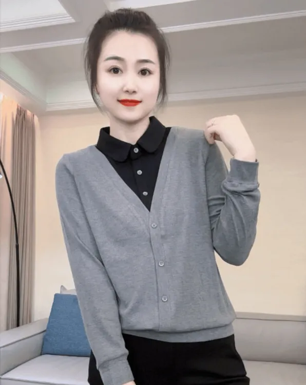 秋季新款时尚洋气拼接假两件长袖打底衫百搭减龄气质显瘦