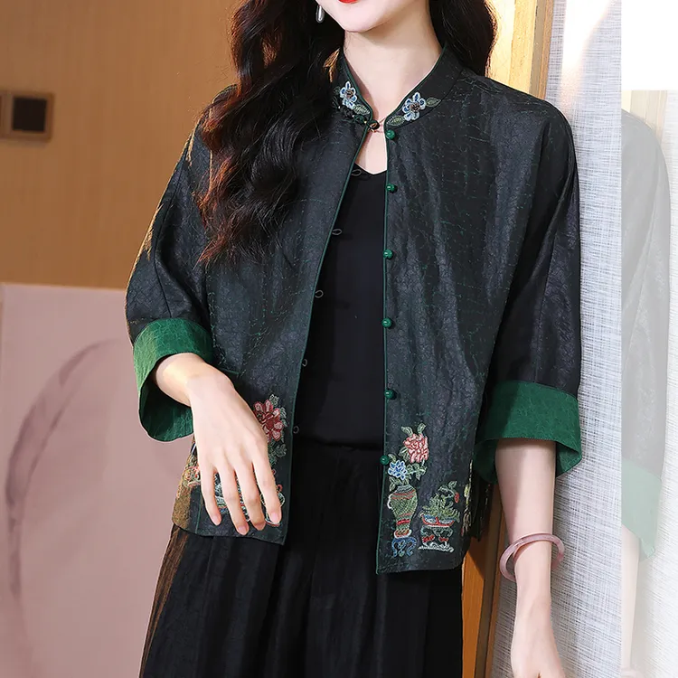 正宗桑蚕丝龟裂纹香云纱开衫女士圆领高端中国风刺绣真丝上衣外套