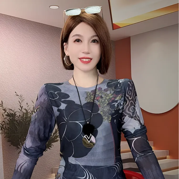网纱印花长袖t恤女2025年春秋季新款时尚洋气修身显瘦打底衫上衣