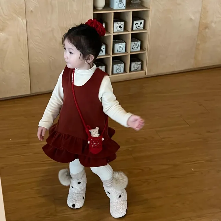 壹妈童装女童韩版秋冬季时髦红色新潮连衣裙休闲风套装洋气上衣