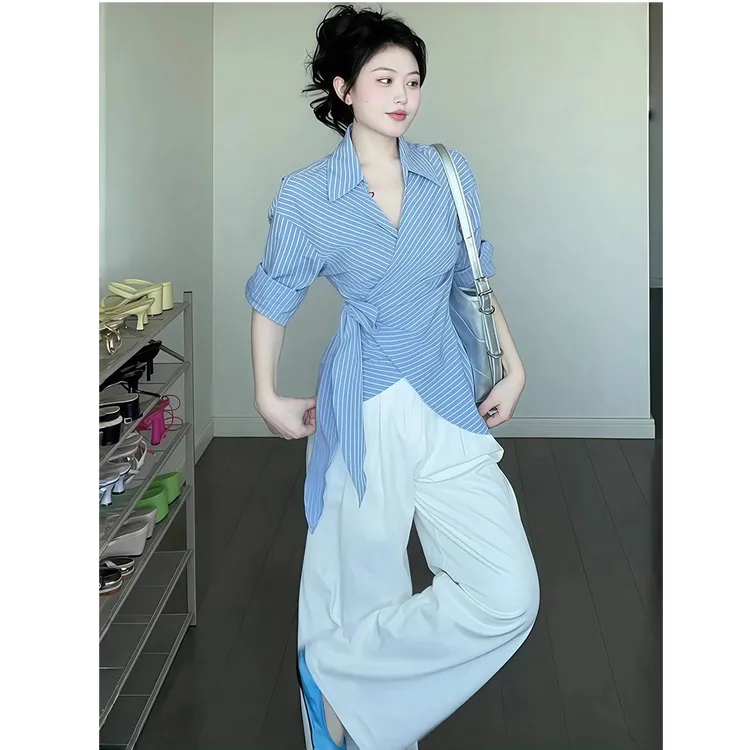 蓝色条纹polo领不规则绑带设计防晒衬衫女2025夏季新款航海系上衣