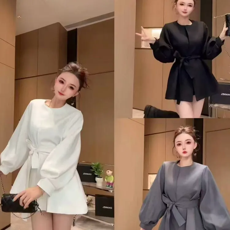 秋季新款大码灯笼袖千金风收腰系带中短款风衣外套女