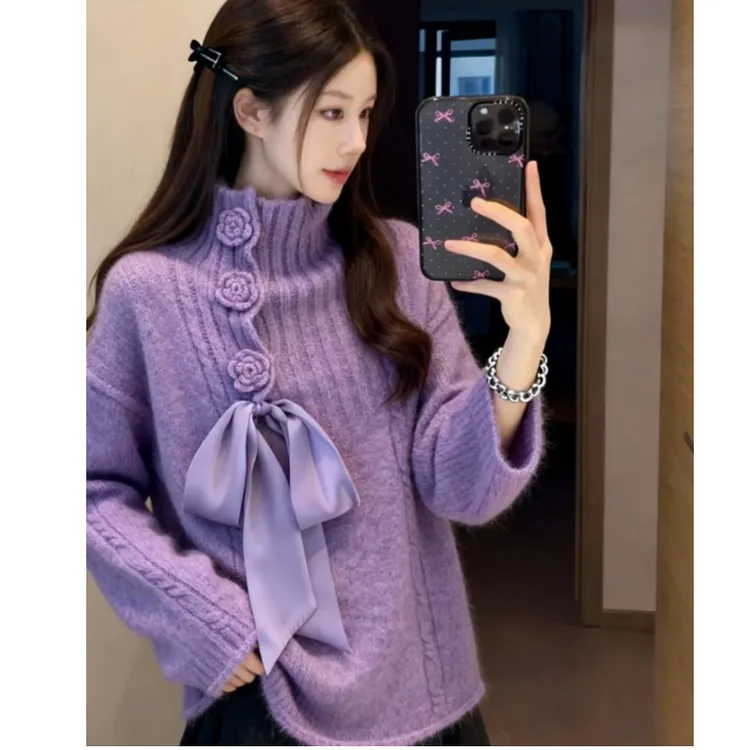 紫色蝴蝶结系带高领毛衣女款2025新款秋冬立体花朵长袖针织衫上衣