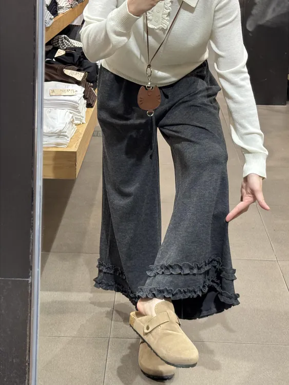 韩版设计感木耳边阔腿裤长裤女秋季慵懒风新款百搭休闲裤直筒裤
