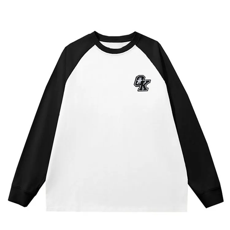 OK美式复古绣花字母插肩袖t恤男女春秋撞色重磅纯棉圆领长袖上衣