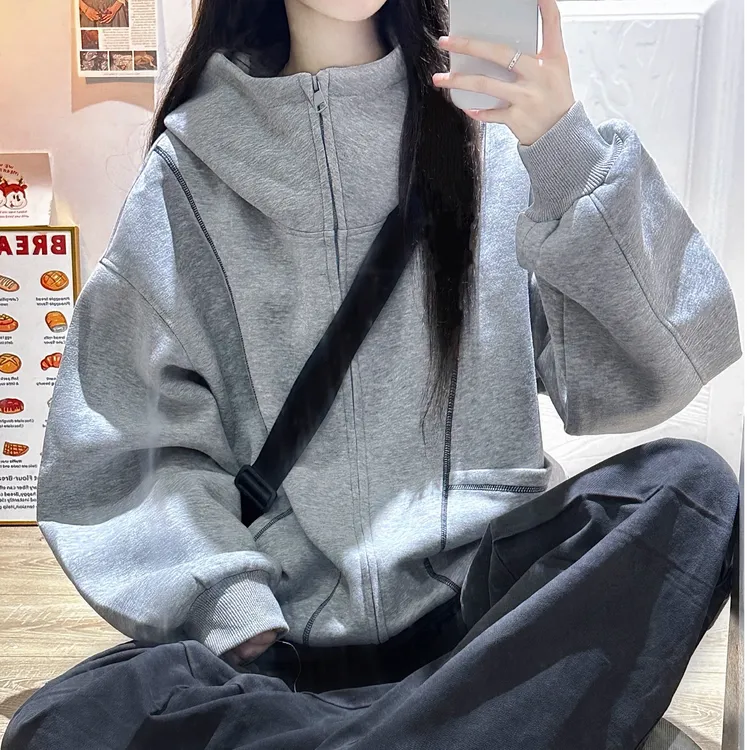 美式复古连帽分割线卫衣宽松秋冬男女小众设计感拉链开衫上衣外套