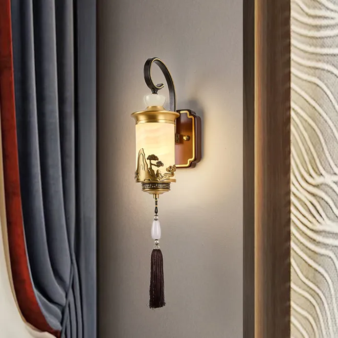 新中式全铜玉石壁灯客厅电视背景墙灯禅意走廊别墅过道灯卧室