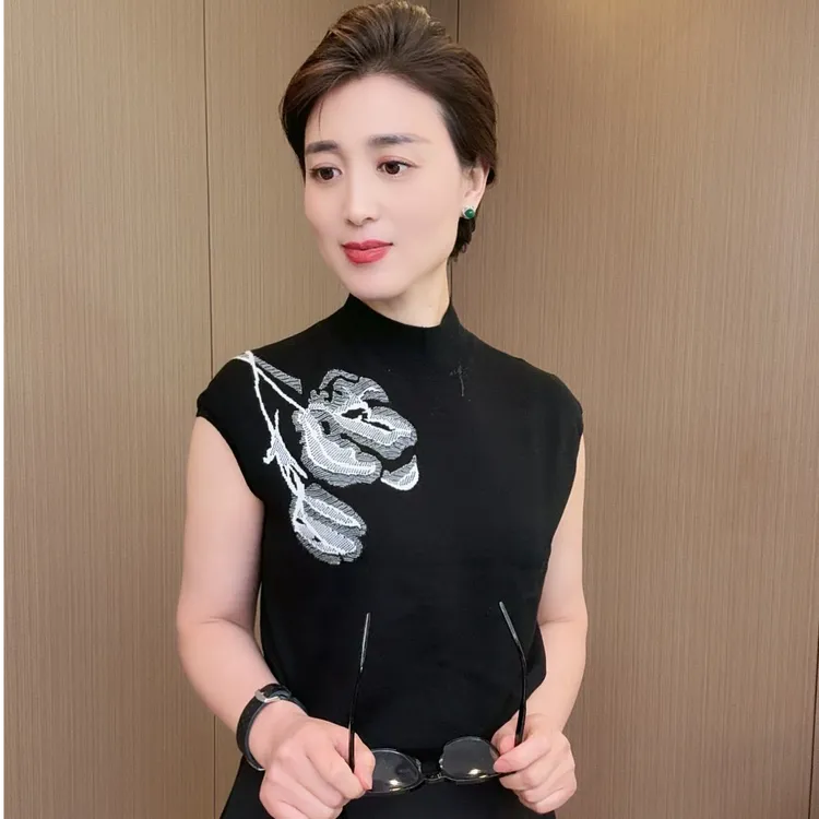 柏澜慧琳【中式印花】毛针织衫女装圆领中式无袖印花设计师短袖