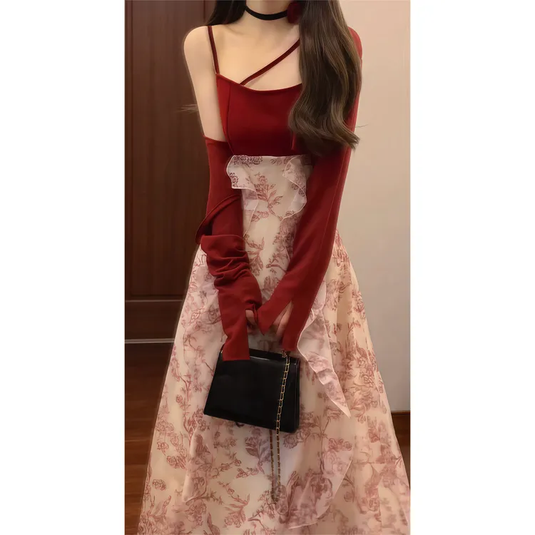法式复古印花红色拼接碎花吊带连衣裙&防晒空调开衫9683