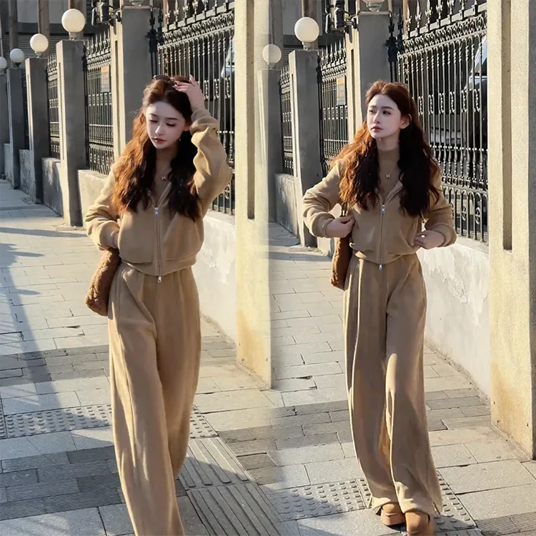 显瘦卫衣套装洋气时尚网红韩系休闲加厚加绒上衣直筒裤保暖两件套