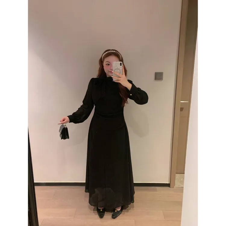 慧芝huizhi HZ119连衣裙 定制款 领口蝴蝶结收腰显瘦微胖连衣裙