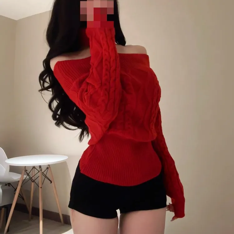 一字肩韩系漂亮麻花露肩显瘦毛衣秋冬新款百搭上衣