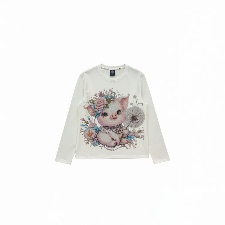 TCH甜系少女风烫钻萌猪宽松白色长袖T恤女2026春夏新款T78B086002