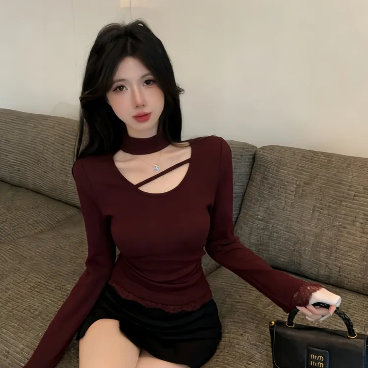 设计感挂脖半高领纯色T恤修身长袖内搭气质百搭显瘦打底衫0109