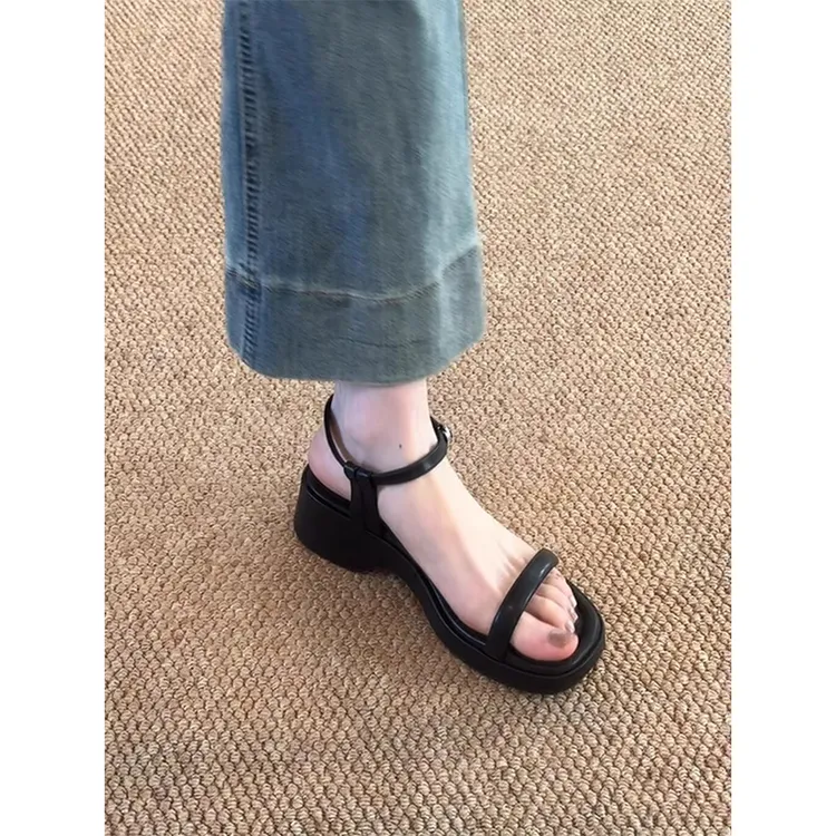 羊皮版~法式简约百搭一字带露趾罗马粗跟凉鞋女夏季新松糕底凉拖