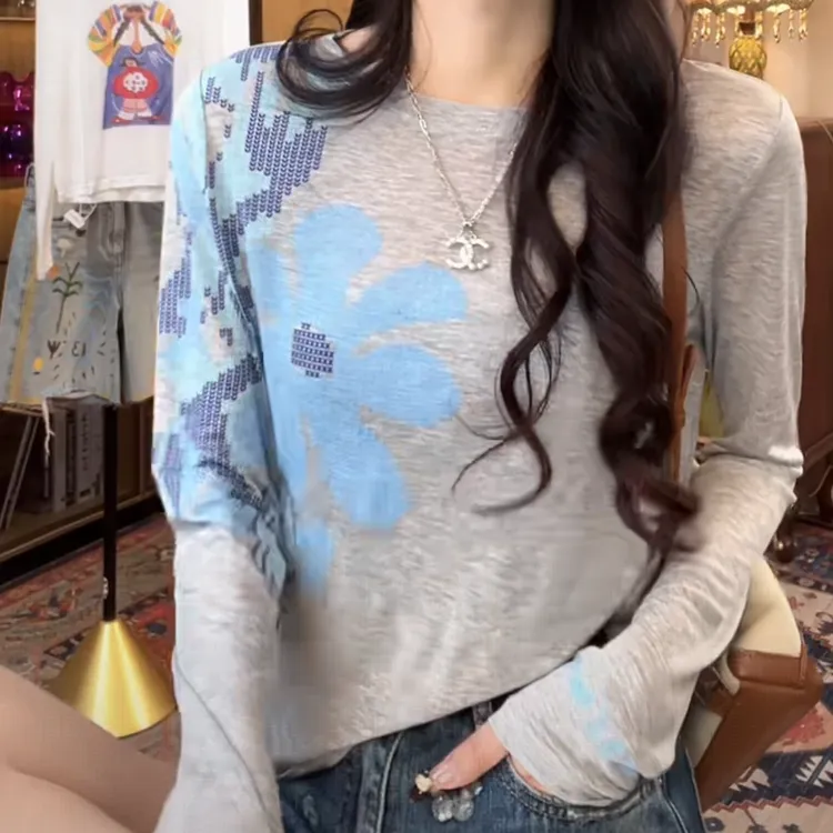 复古减龄显瘦撞色软糯长袖上衣女2025年夏季新款休闲上衣时尚百搭