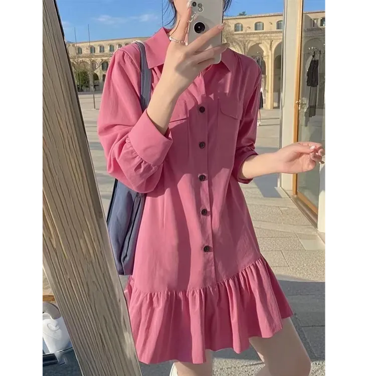 粉色荷叶边拼接小众设计感长袖衬衫连衣裙女春款独特绝美小裙子