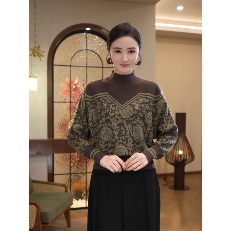 2026年秋冬季款【83JR】含绵羊毛可外穿精致织花棕绿色上衣毛衣女