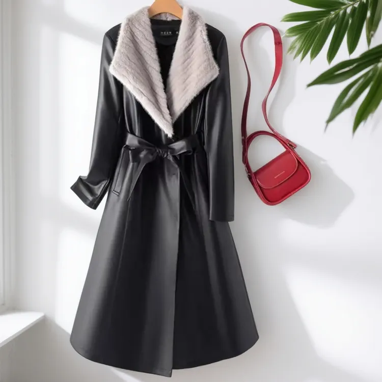 冬季新款海宁女士中长款韩版修身时尚过年加绒加厚皮衣外套8355