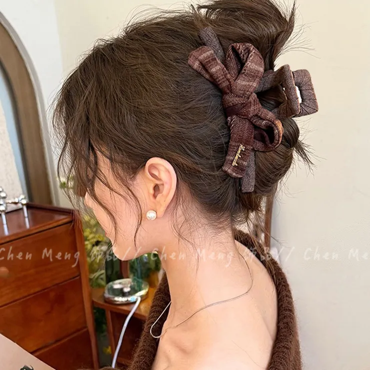 美拉德蝴蝶结抓夹女高级感大号鲨鱼夹子2025新款冬季后脑勺盘发夹