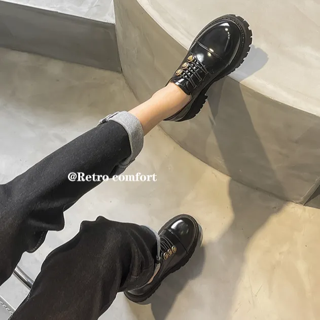 赫本风复古厚底粗跟刺绣乐福鞋小皮鞋女春秋软皮单鞋
