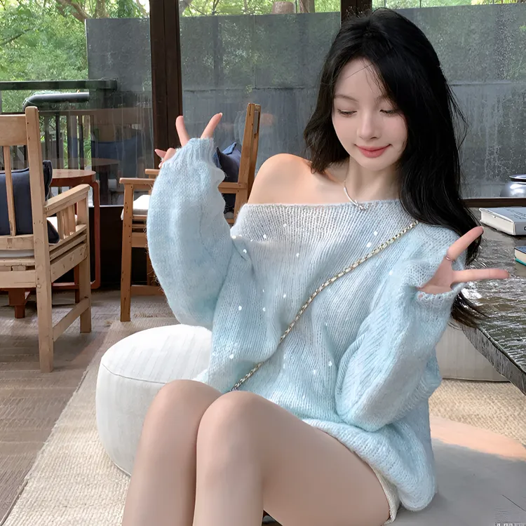 2025秋季新款慵懒风韩系亮片气质洋气针织毛衣女一字肩露肩上衣女