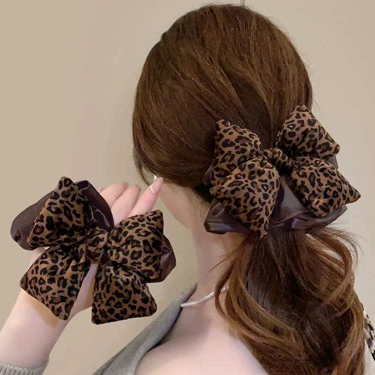 韩系豹纹pu皮蝴蝶结扎丸子头大肠发圈女高级感2025新款头绳发绳
