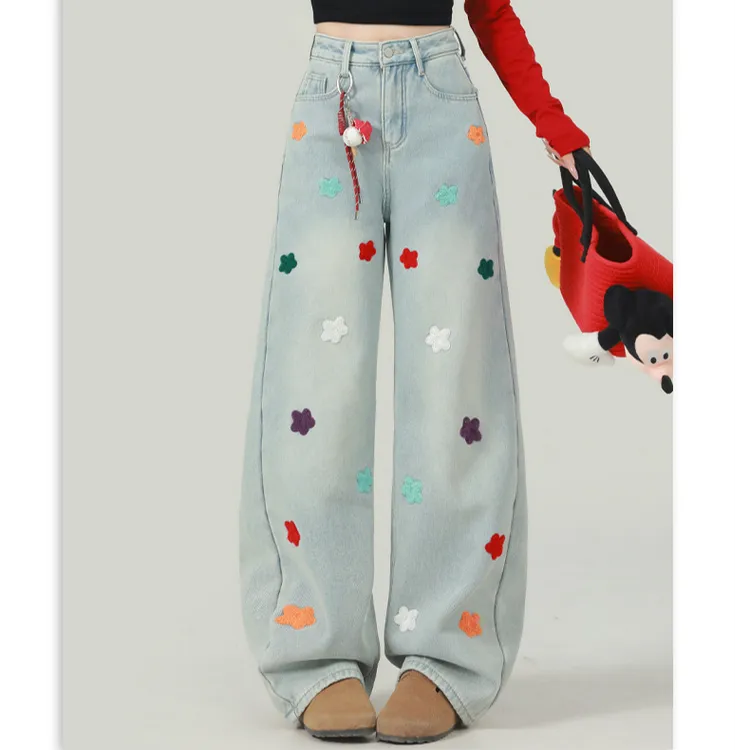 300斤大码刺绣设计感直筒牛仔裤胖mm新款冬季加绒加厚梨型阔腿裤