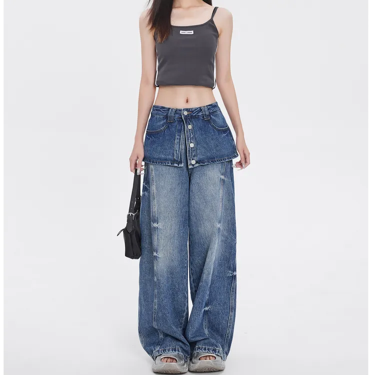 假两件屁帘叠穿设计感直筒阔腿牛仔裤女早秋新款宽松时尚款3149#