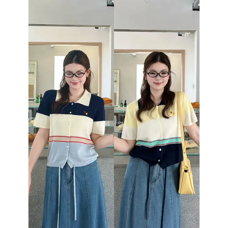 裂渡宣宣【半夏甜豆】微胖大码女夏多色拼接刺绣针织短袖ZY506A97