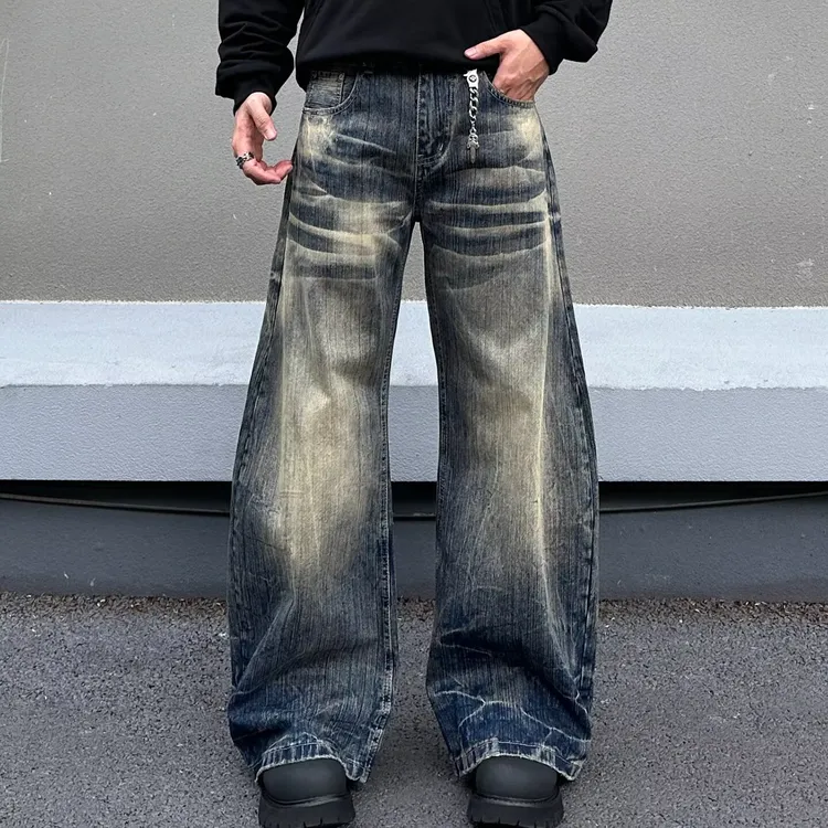 美式复古竹节纹拉链猫须做旧水洗男款猫须牛仔裤ins宽松嘻哈直筒