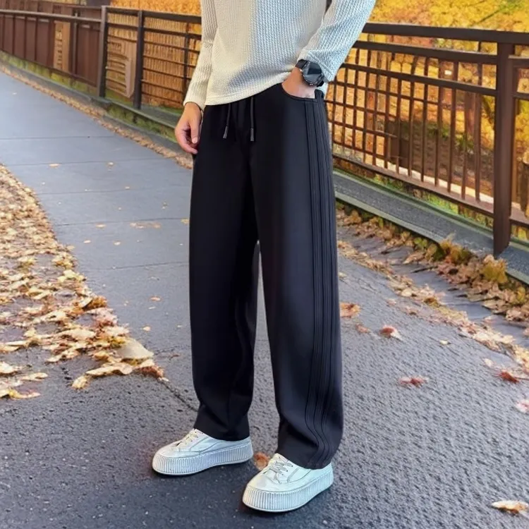 条纹直筒运动男秋冬潮流百搭高级感垂感裤子松弛感阔腿裤休闲卫裤