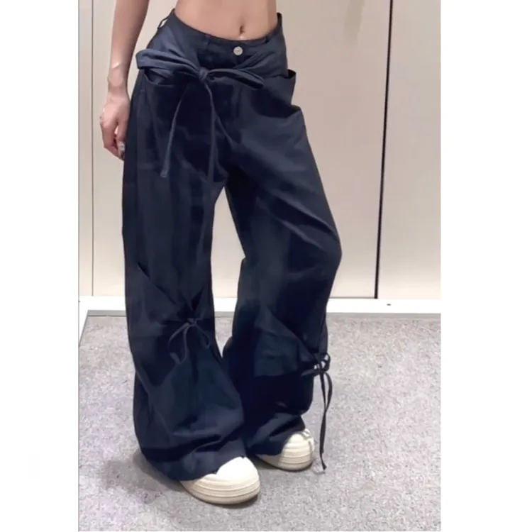 夏季新款美式甜酷设计感工装裤女蝴蝶结系带直筒裤垂感显瘦长裤