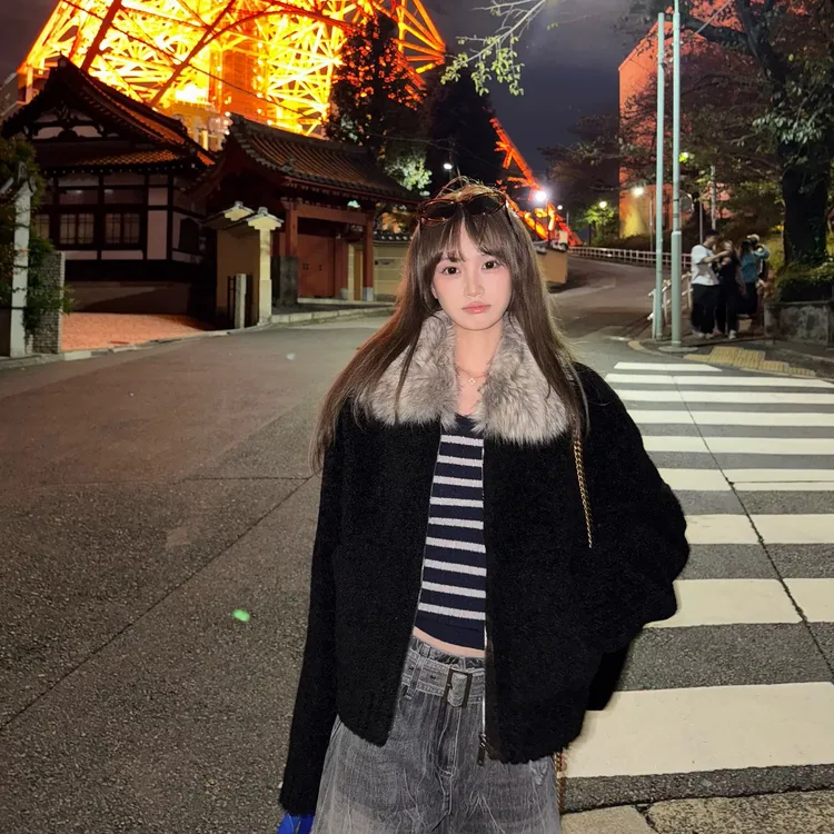 秋冬新款定染毛领小颗粒羊羔绒外套黑色加厚保暖洋气上档次宽松